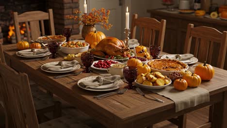 a warm and inviting thanksgiving dinner table displaying a feast with roast turkey, seasonal sides, and festive decorations for a joyous gathering