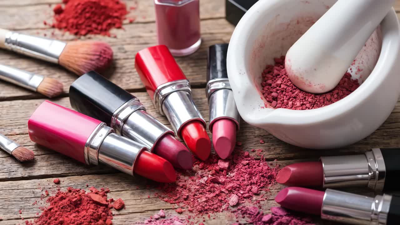 Close-Up of Lipsticks, Makeup Brushes, and Powder on Wooden Table