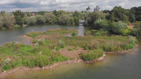 forward moving aerial drone shot over a pond in the ely great ouse river in england