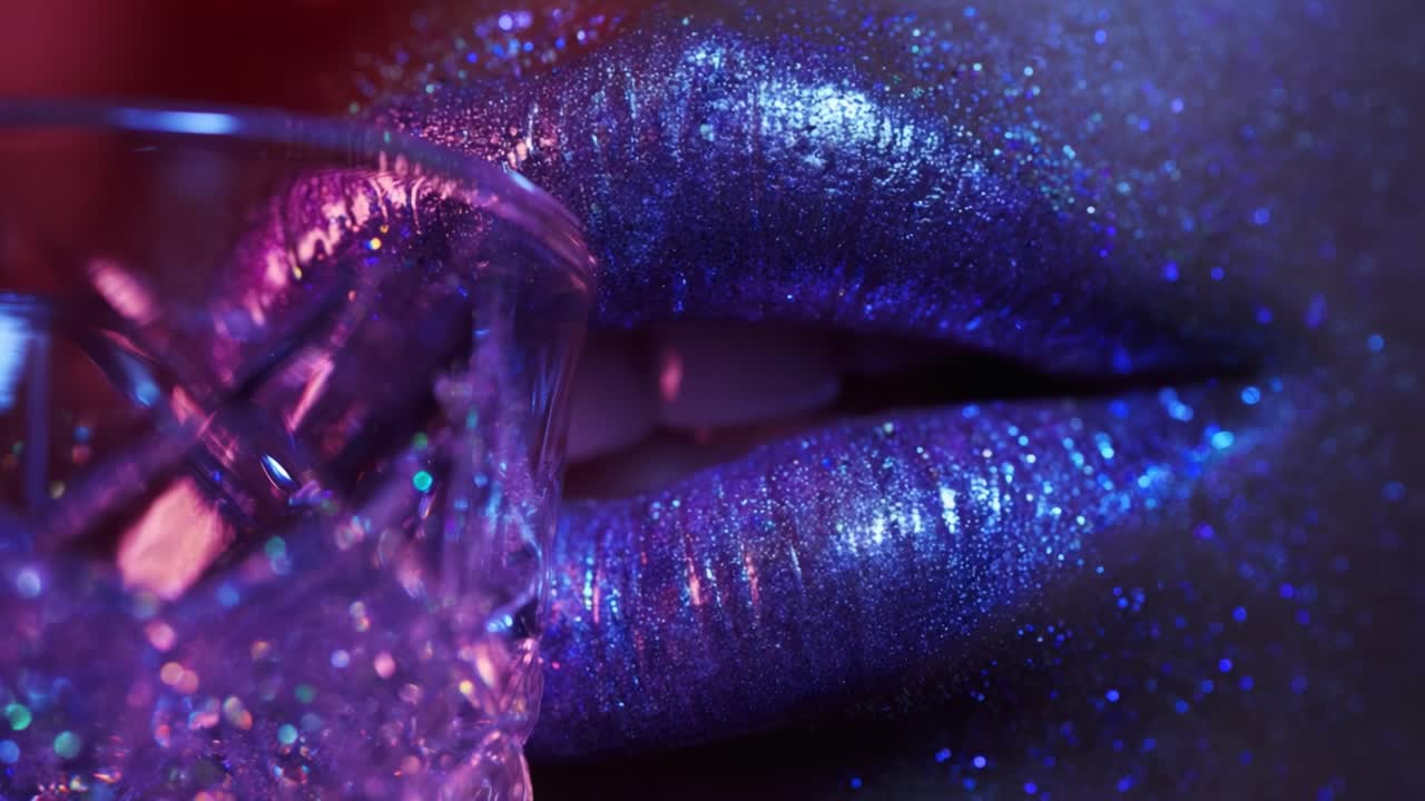 A Close-Up of Sparkling Lips Glimmering in Vibrant Blue and Purple Hues, Complemented by a Clear Glass Filled with Bubbly Liquid, Creating a Dazzling and Alluring Visual Experience