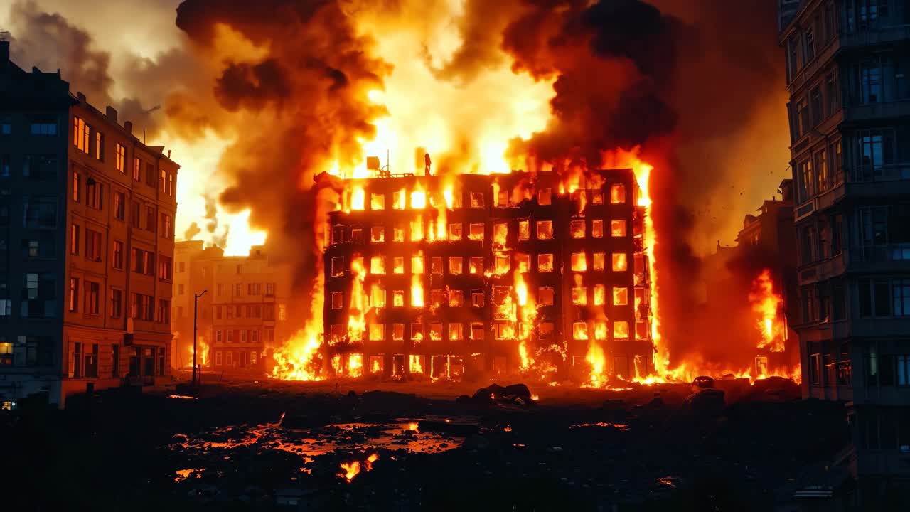 Un grande edificio è inghiottito dalle fiamme nel mezzo di una città