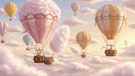 a whimsical journey unfolds in the sky with vibrant hot air balloons gently floating among fluffy clouds, capturing the essence of adventure and serenity in stunning pastel colors