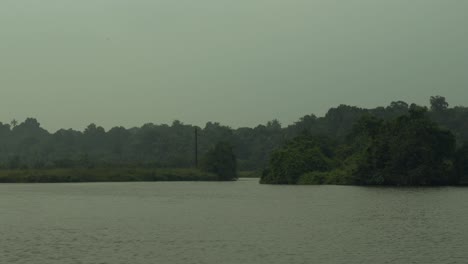 tranquil river flowing through a lush green landscape, hint of mist, serene and untouched by urban life