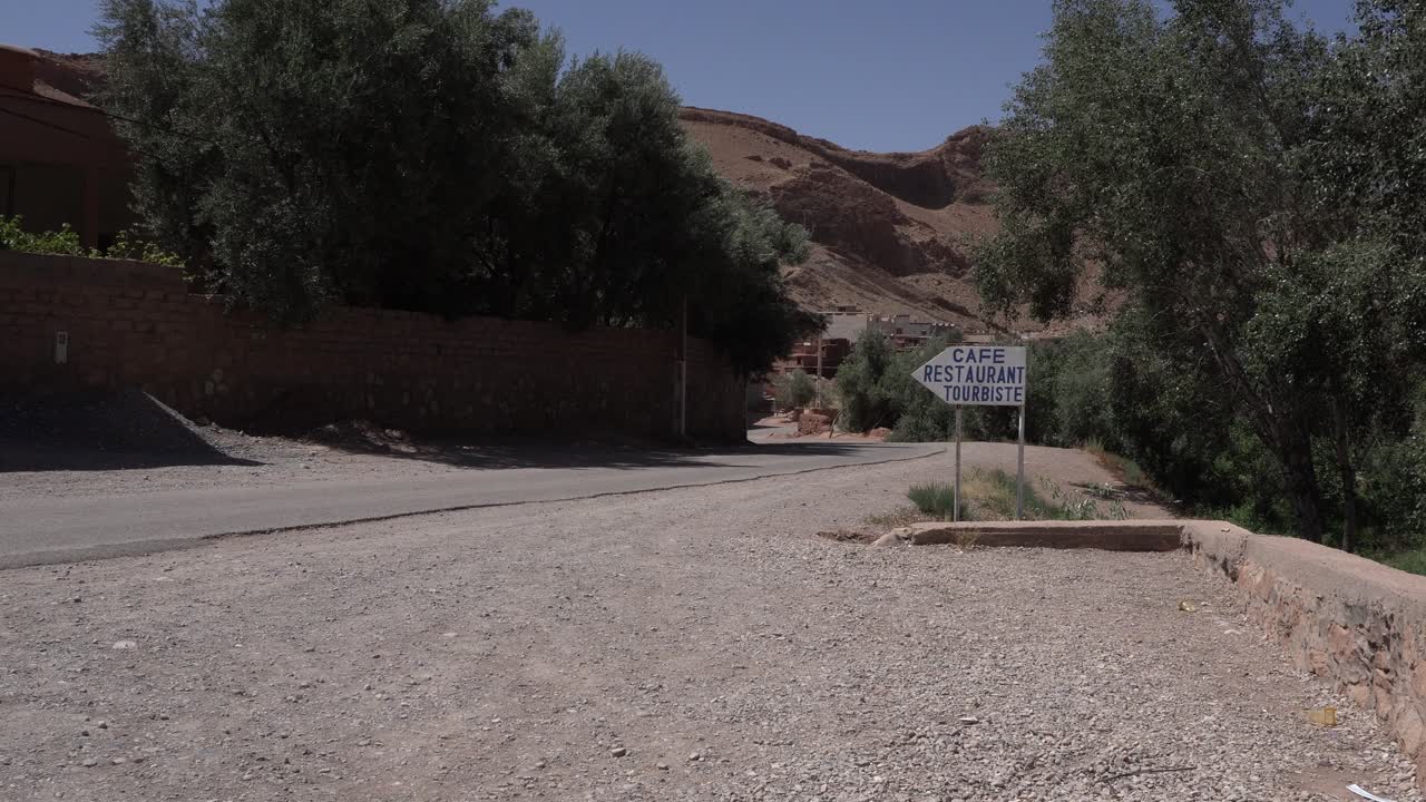 A path in the desert area with a mountain in the background. On both sides of the path, there are a few trees