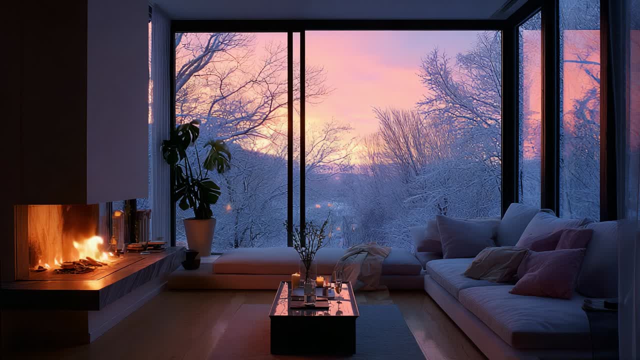 Warmth and Tranquility: A Cozy Winter Evening by the Fireplace with Views of a Snowy Landscape and Colorful Sunset Illuminating a Modern Living Room's Inviting Atmosphere