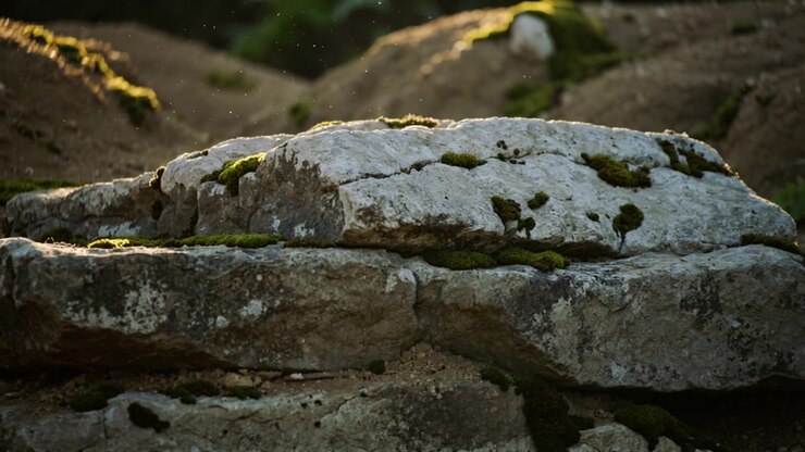 Luce solare mutevole che rivela una lastra di roccia piatta ai margini della foresta, con muschio, particelle fluttuanti e felci