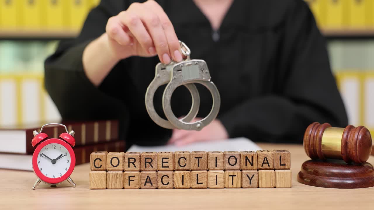 Correctional Facility with Handcuffs and Gavel