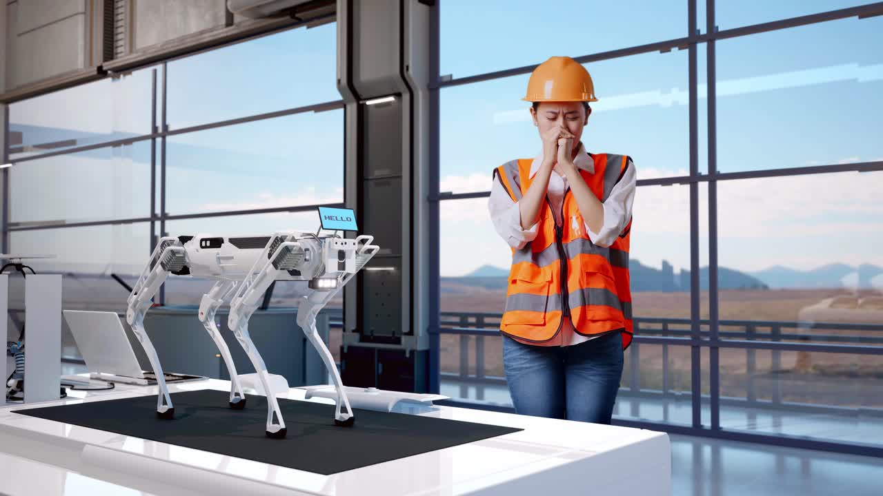 cuerpo lleno de ingeniera asiática con casco de seguridad rezar por algo mientras está de pie en una fábrica de alta tecnología, analizando el concepto de máquina robótica