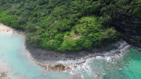 Big-Island,-Hawaii,-Drone-Aerial-slowly-pushing-over-coast-into-forest