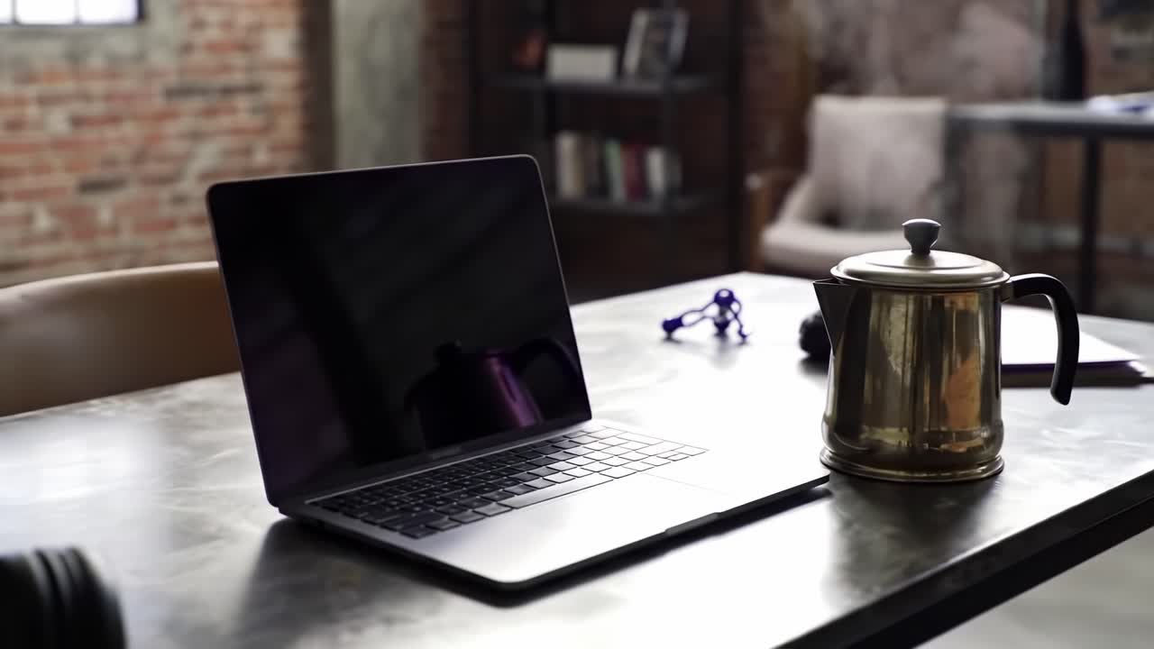 A Tranquil Workspace Featuring a Laptop and Vintage Coffee Pot Set Against a Stylishly Rustic Brick Wall Backdrop, Perfect for Productivity and Creativity