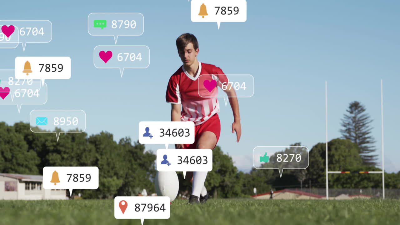 Teenage boy placing rugby ball on field, demonstrating sports marketing with social media icons