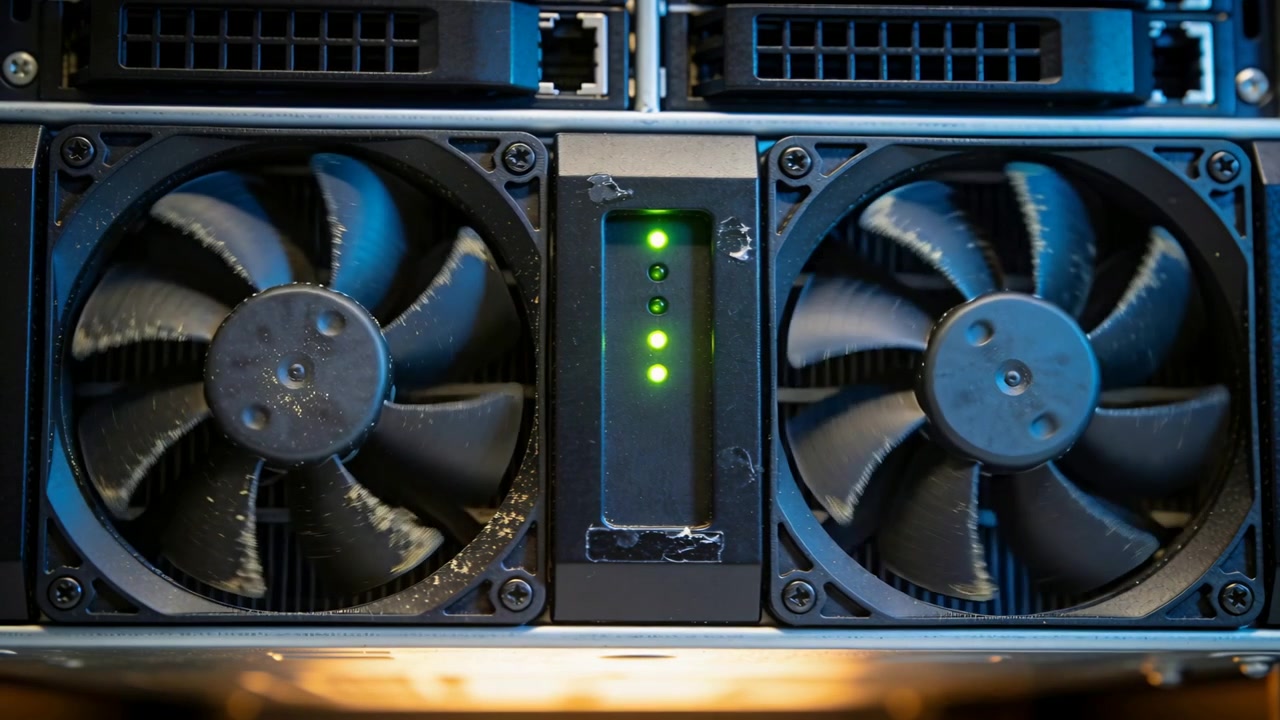 Receiving power, spinning server rack cooling fans and status module showing status, including RJ45