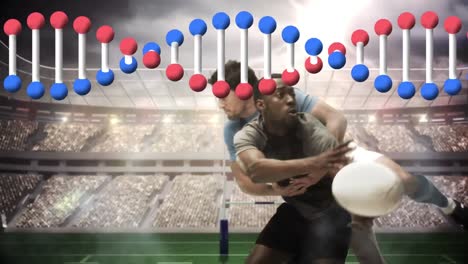 Animation-of-digital-interface-with-rotating-dna-strand-over-rugby-players