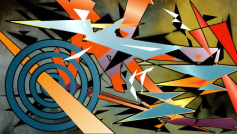 animation of colourful dynamic shape collage, over yellow and blue powder falling on black