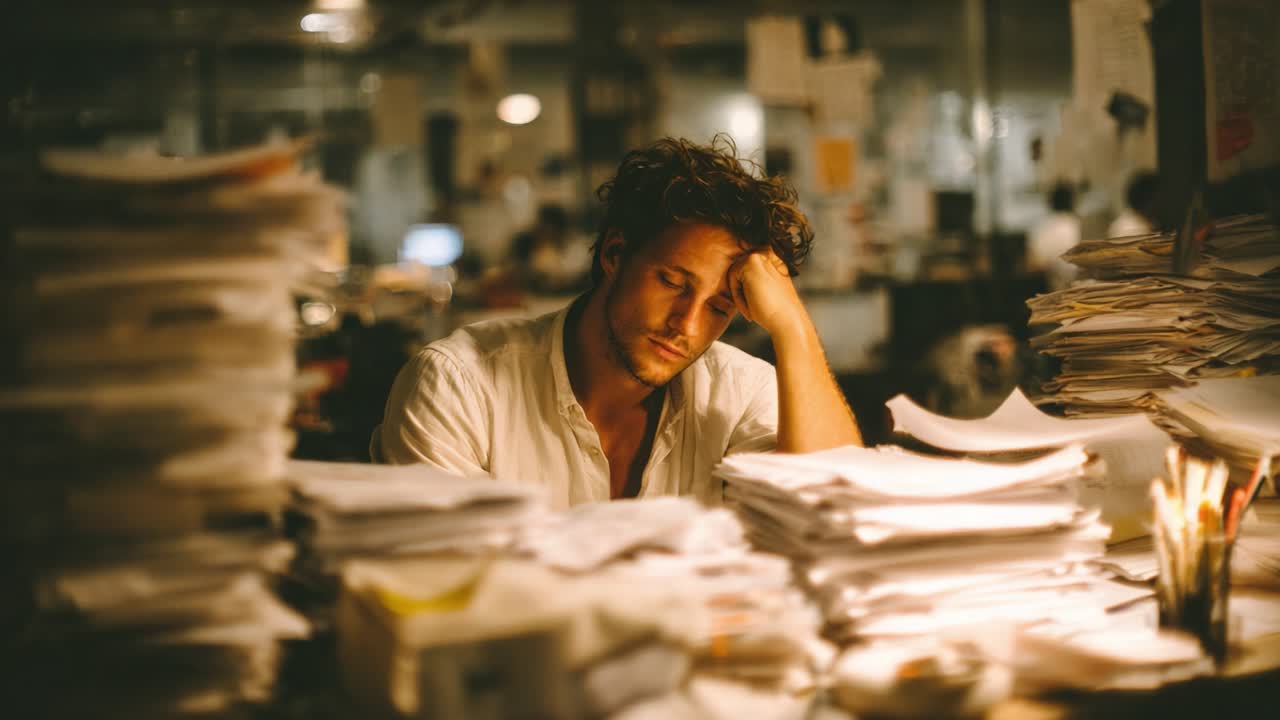 An Exhausted Individual Surrounded by Stacks of Paperwork in a Dimly Lit Office, Capturing the Struggles of Overwhelm and Fatigue in a Work Environment