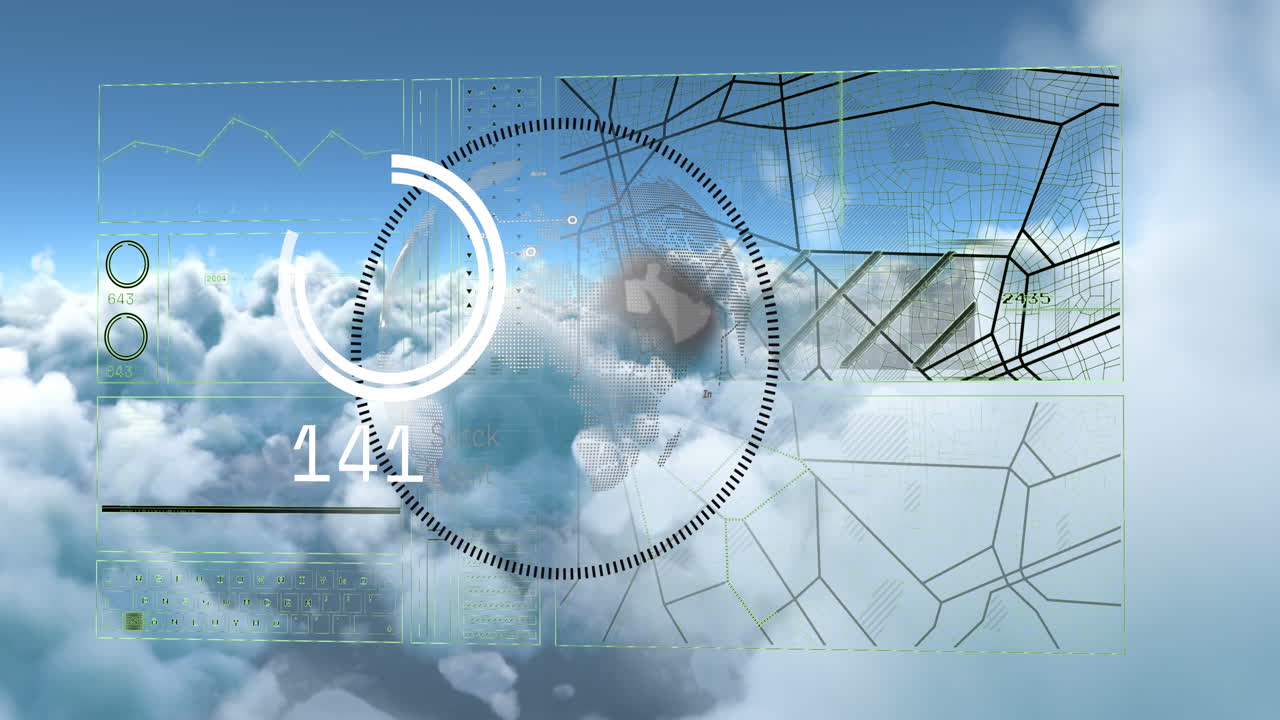 animación de la interfaz con procesamiento de datos sobre un globo giratorio contra nubes en el cielo azul.