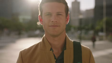 close up portrait of confident young caucasian business man smiling at camera successful ambitious male wearing stylish fashion in city