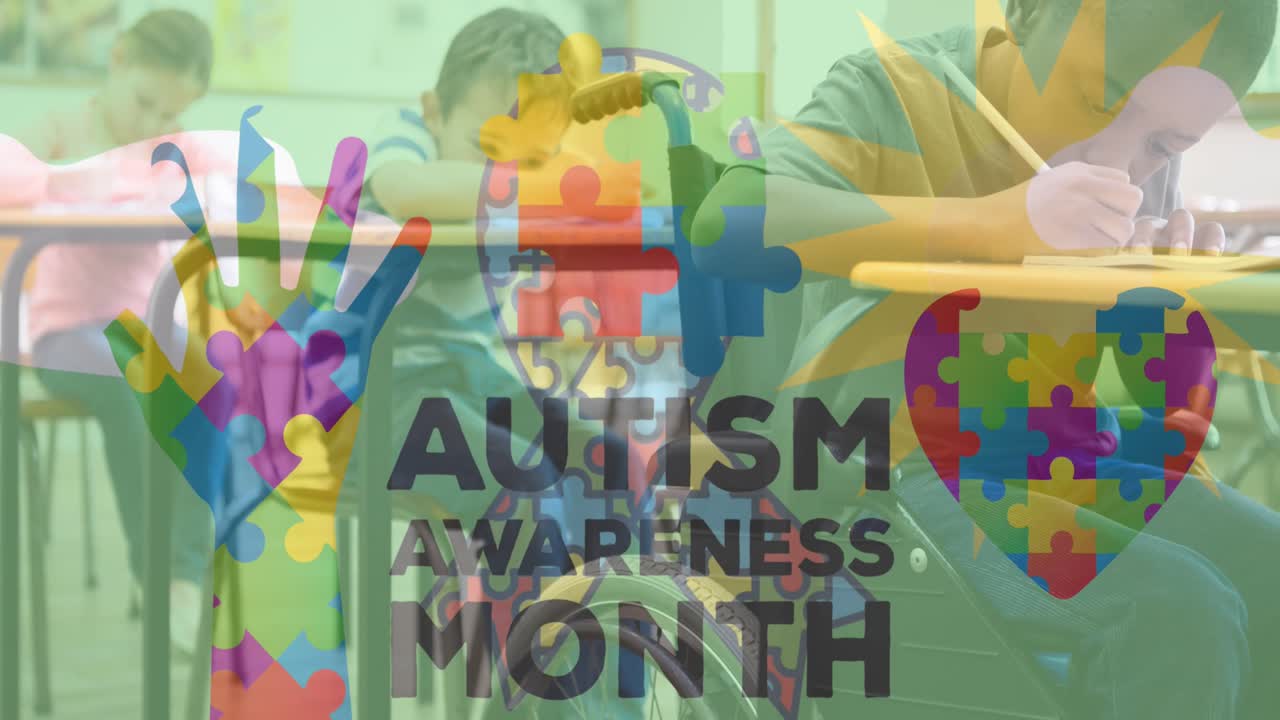 Animazione del testo e delle icone del mese della consapevolezza sull'autismo su diversi scolari