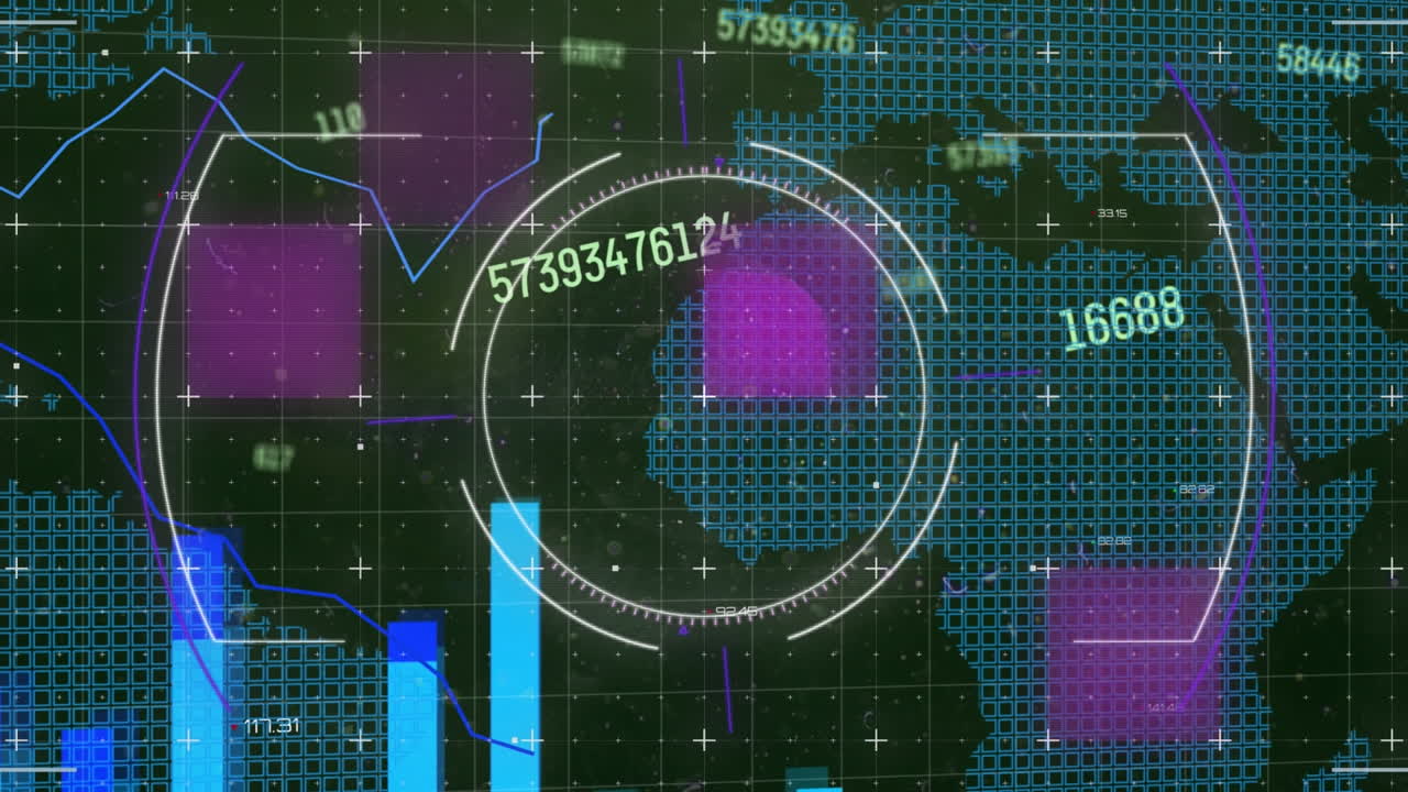 animación del sistema de seguridad rotativo y números diversos sobre el mapa del mundo y el espacio digital