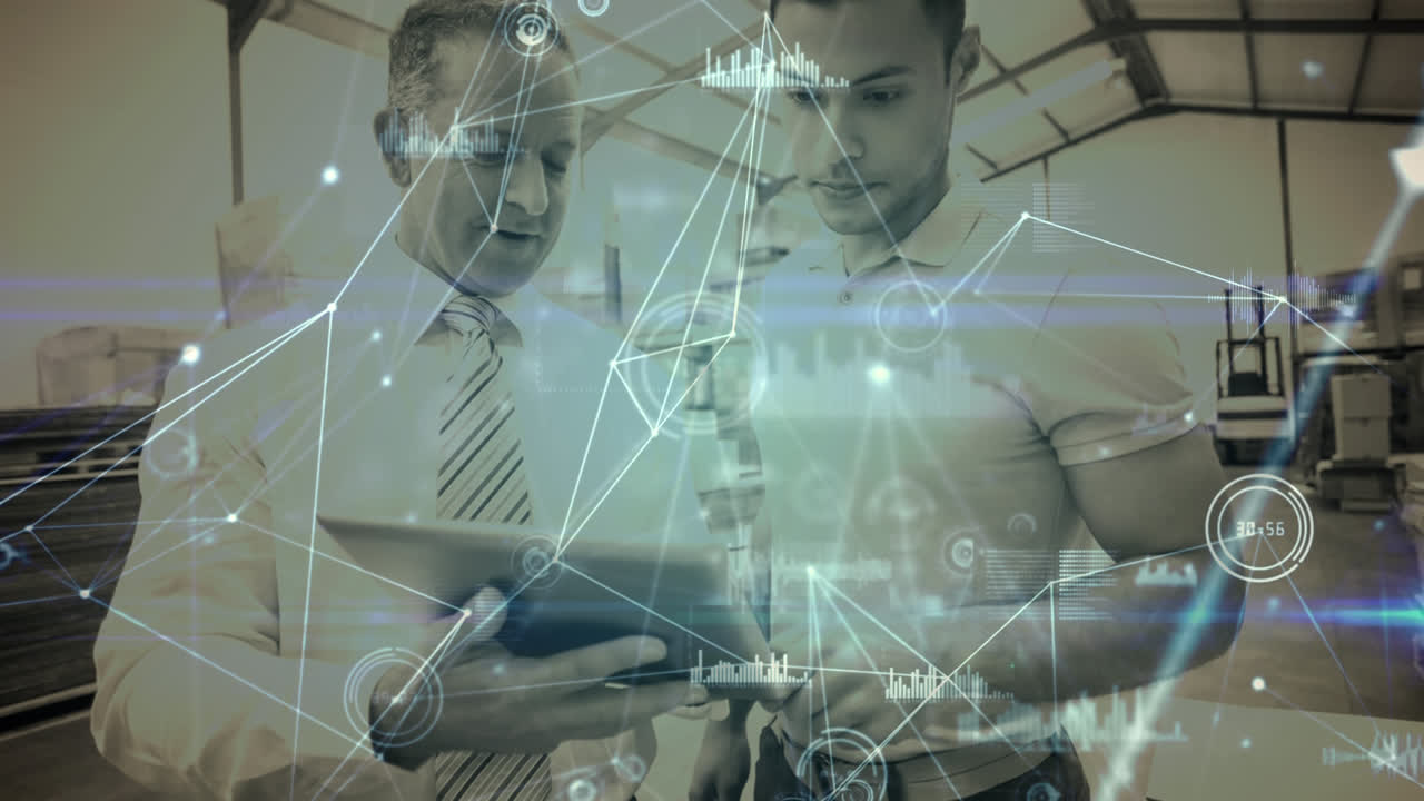 composición de almacén de dos hombres en el almacén combinado con la animación de la conexión