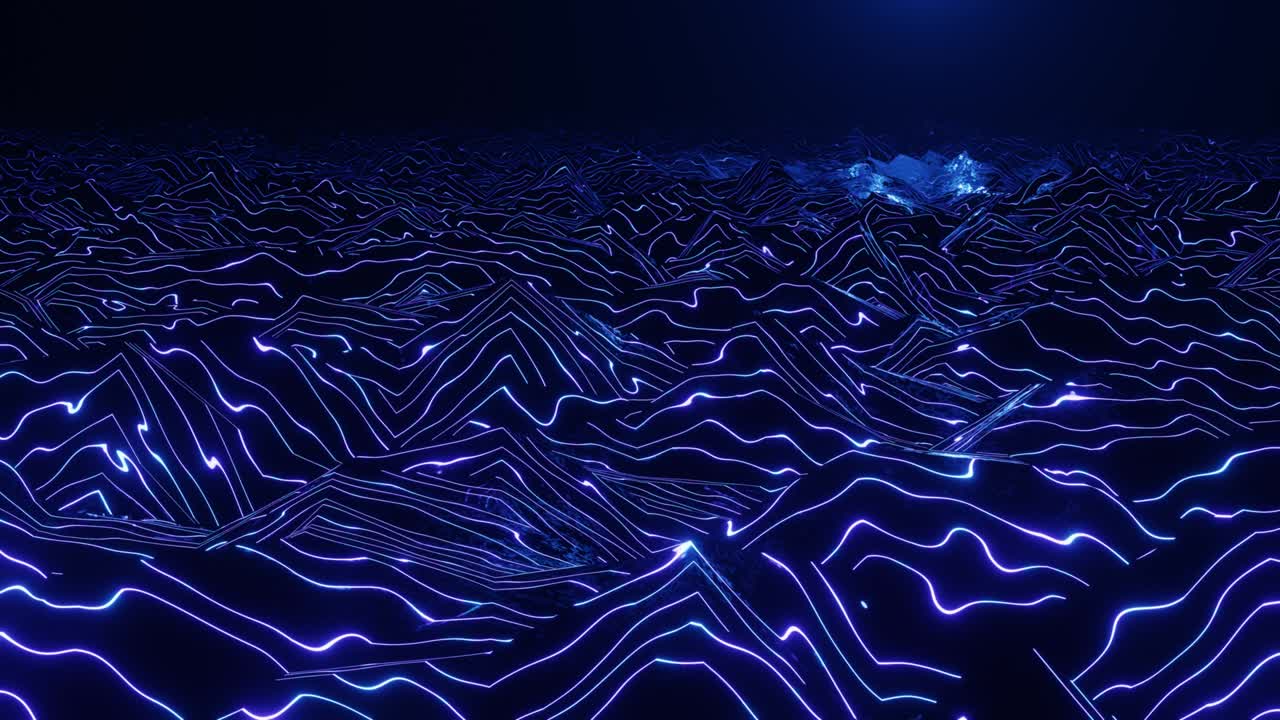 4k looped animation. Flight over hi tech pattern on plane surface, neon glow, complex structure. 3d objects form sci fi surface 3d pattern. Information technology