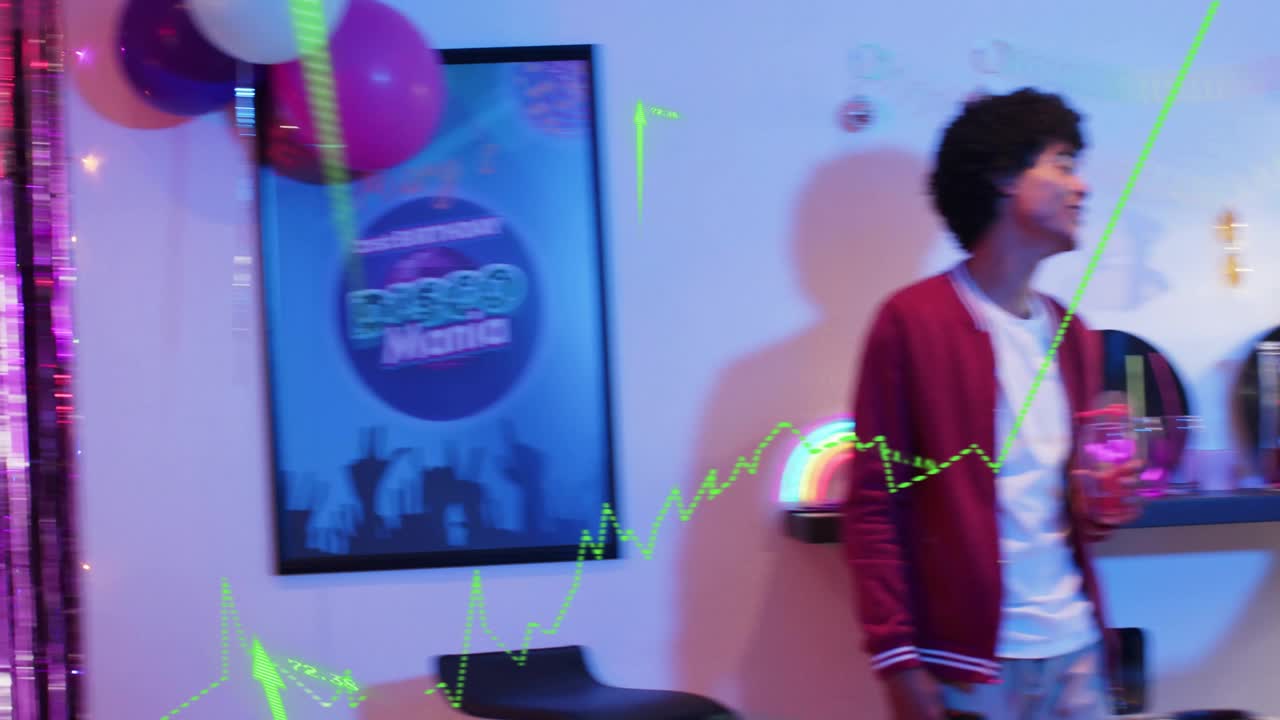 Man bringing phone forward, women leaning in at events for sharing party photos, laughing amid neon