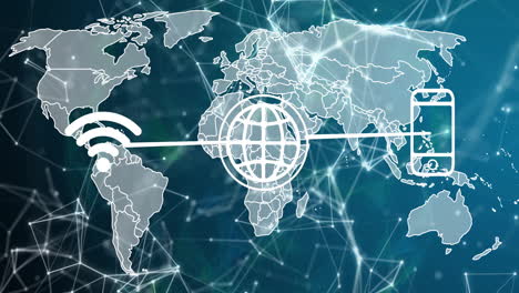 animation of data processing and network of connections over world map