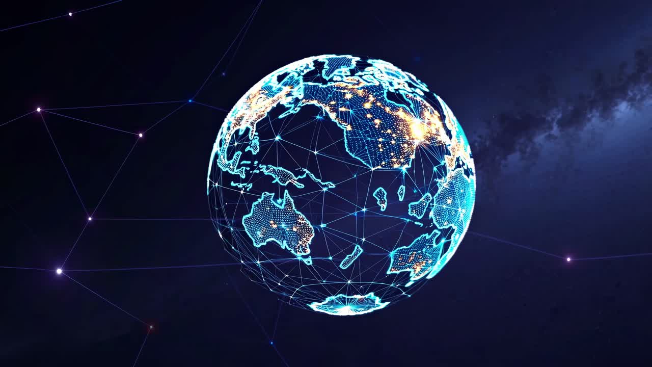 A digital globe with glowing blue continents and city lights, viewed from a space-like angle
