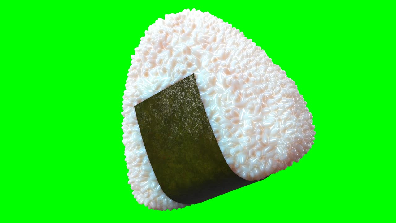 bola de arroz onigiri envuelta en algas nori en la llave de croma verde. animación en 3d capaz de hacer bucles.