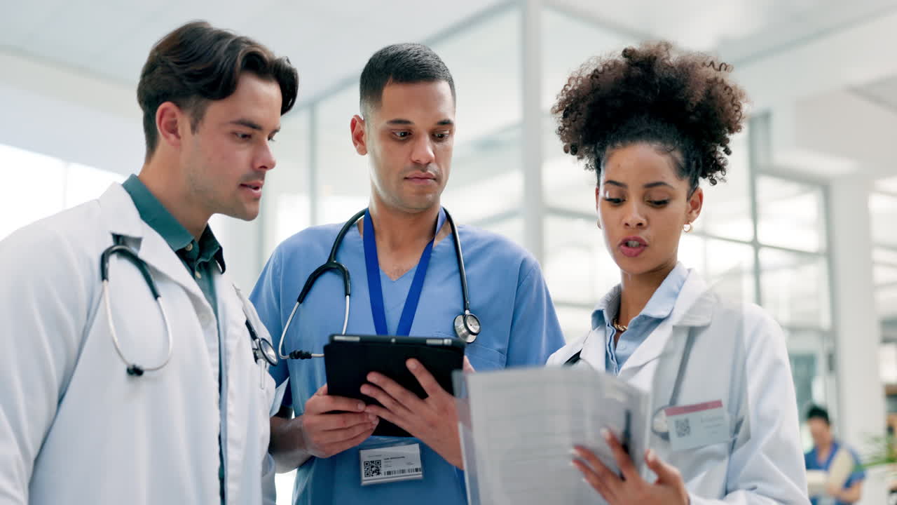 Documents, tablet and doctors for healthcare