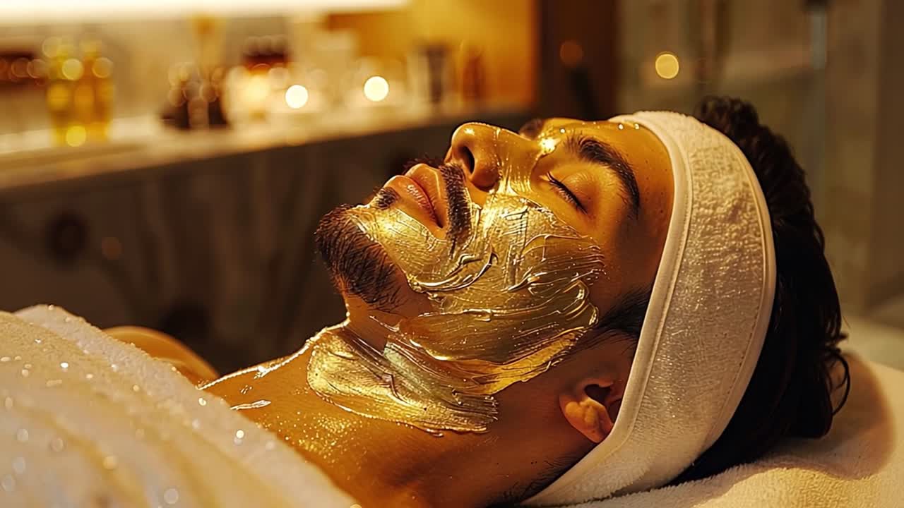 Man receiving a gold face mask treatment at a spa
