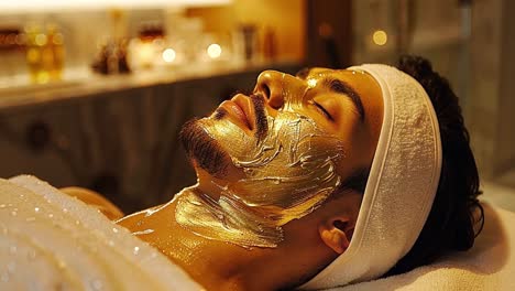 man receiving a gold face mask treatment at a spa
