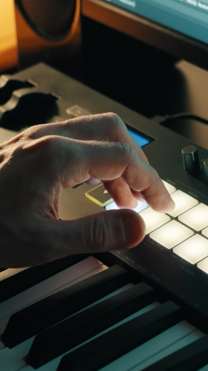 Music production. Man finger drumming on the drum pads of a MIDI keyboard. Close up. Home studio