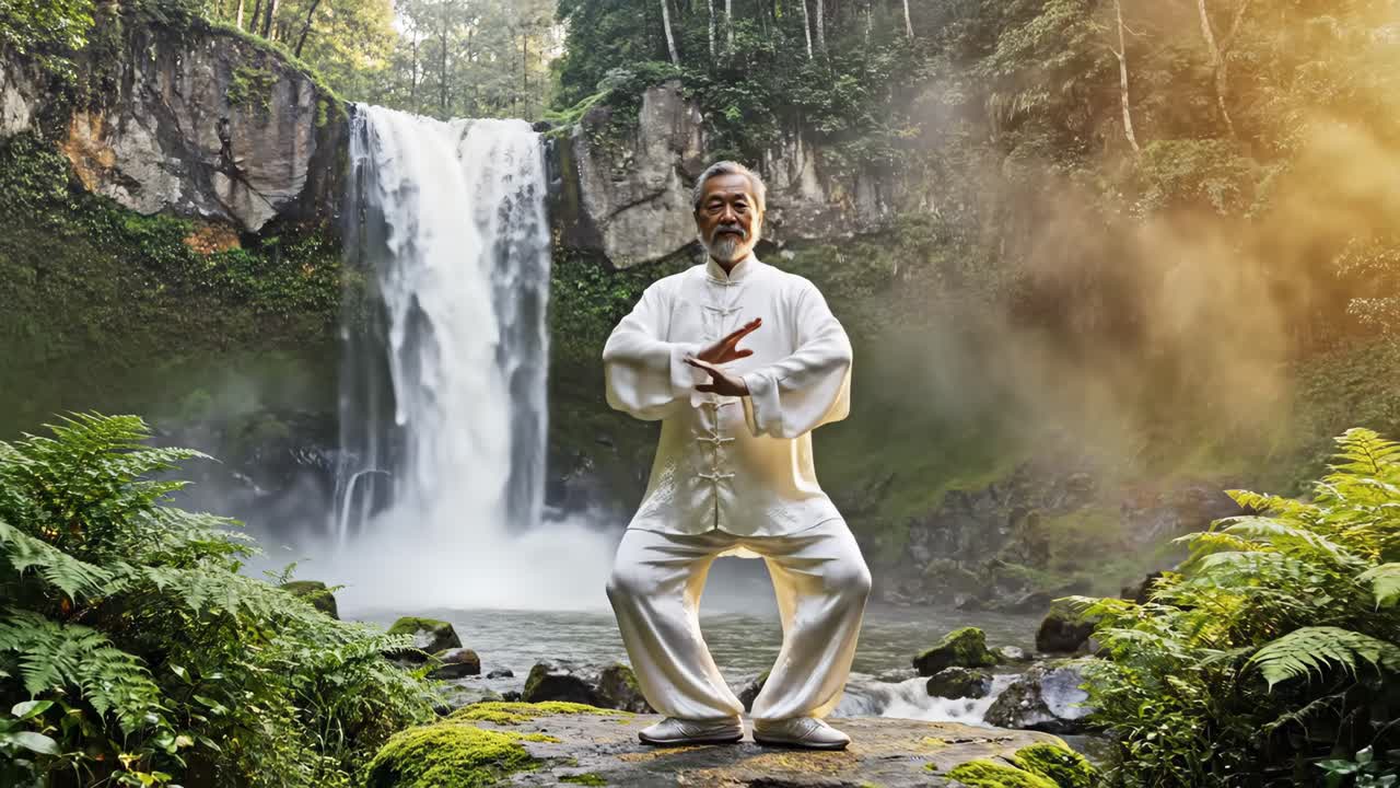 Man practicing Tai Chi in front of waterfall