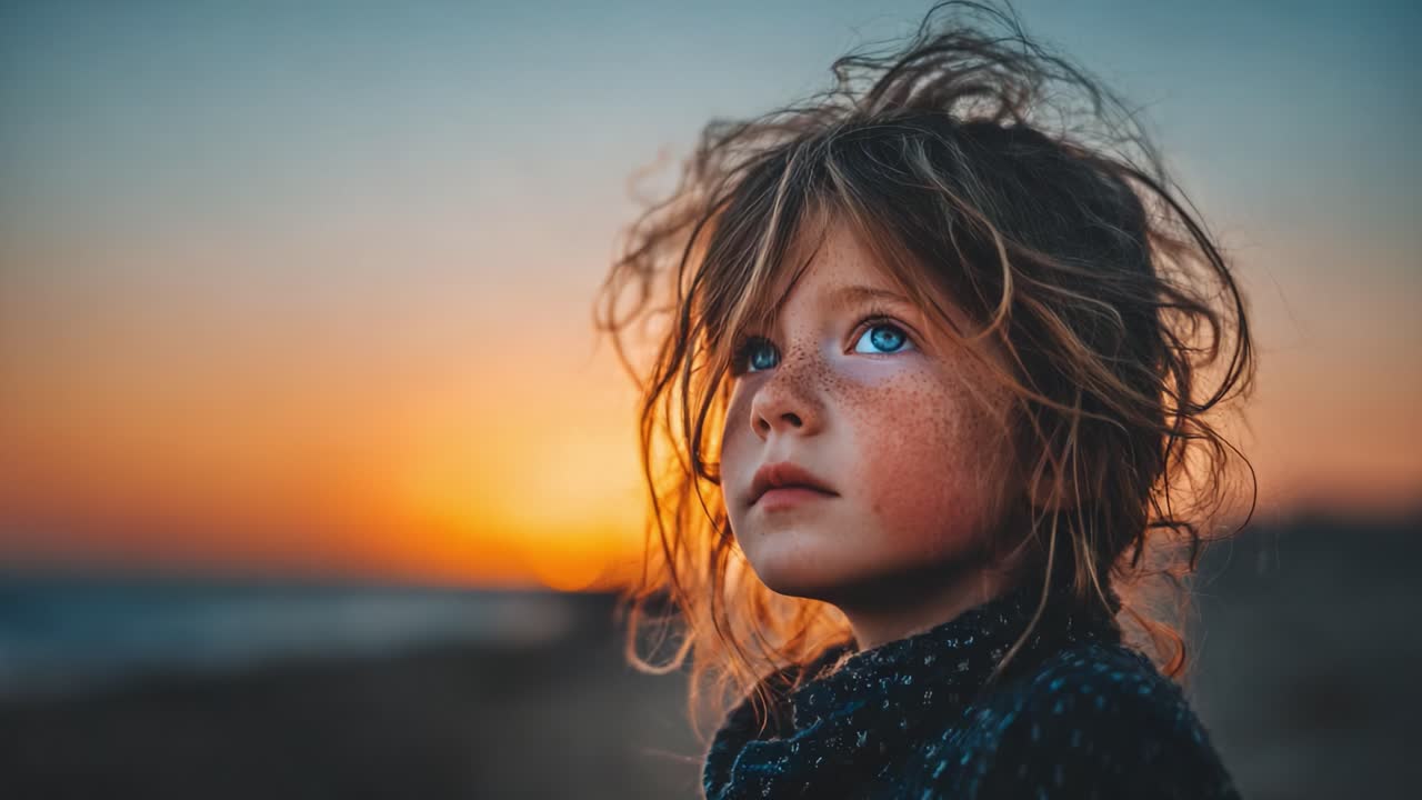 A Captivating Portrait of a Child with Freckled Skin and Mesmerizing Blue Eyes Against a Stunning Sunset Background at the Beach