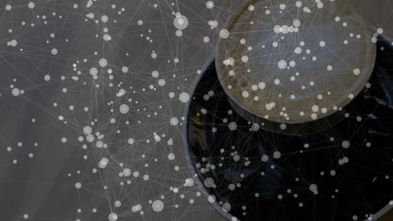 Dark ceramic coffee cup showing latte art from overhead in 3D render, overlaying network node grid