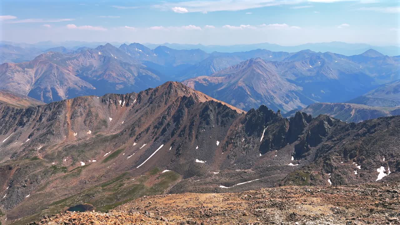 Summer summit of 14er La Plata Peak view Collegiate Peaks Sawatch Range spring summer Rocky Mountains Colorado North Apostle Mt Columbia Oxford Yale Harvard above treeline morning blue sky pan left