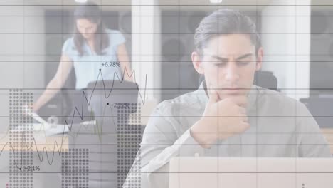 Animation-of-statistical-data-processing-over-thoughtful-biracial-man-using-computer-at-office