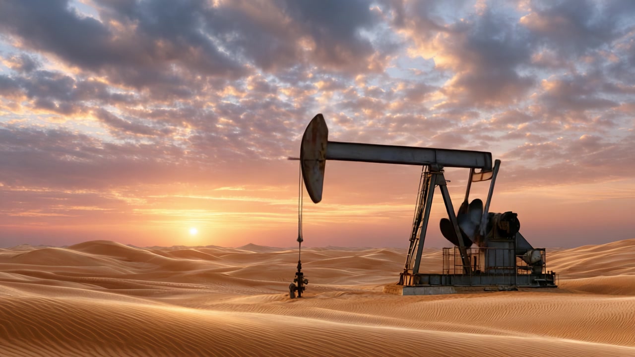 Oil Pumping Rig in Desert Landscape at Sunset: Captivating Scene of Energy Extraction Amidst Natural Beauty and Serene Surroundings with Golden Sands and Dusk Colors