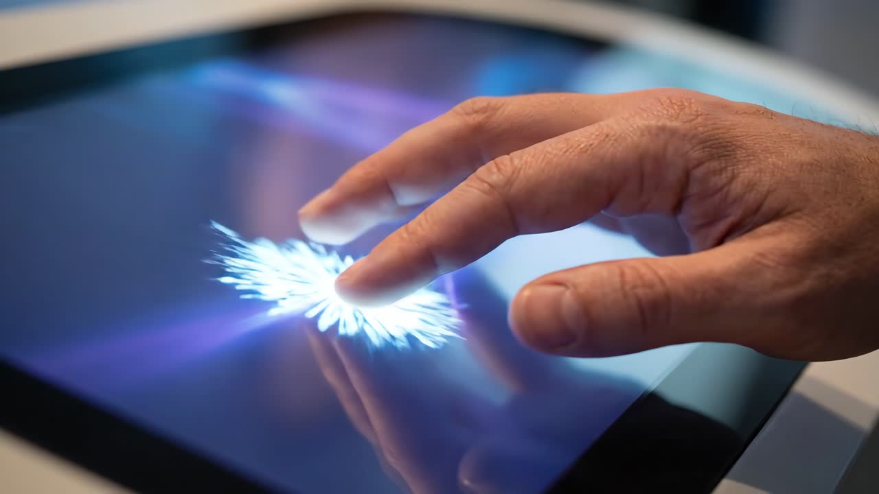 Hand Interacting with Futuristic Glowing Touchscreen Display