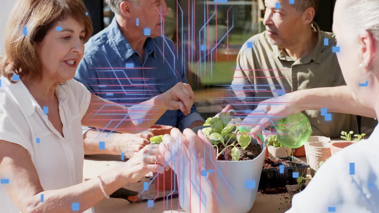 Quattro adulti che posizionano una fioriera sul patio che suscita un impulso tecnologico mentre invasano piante da esposizione