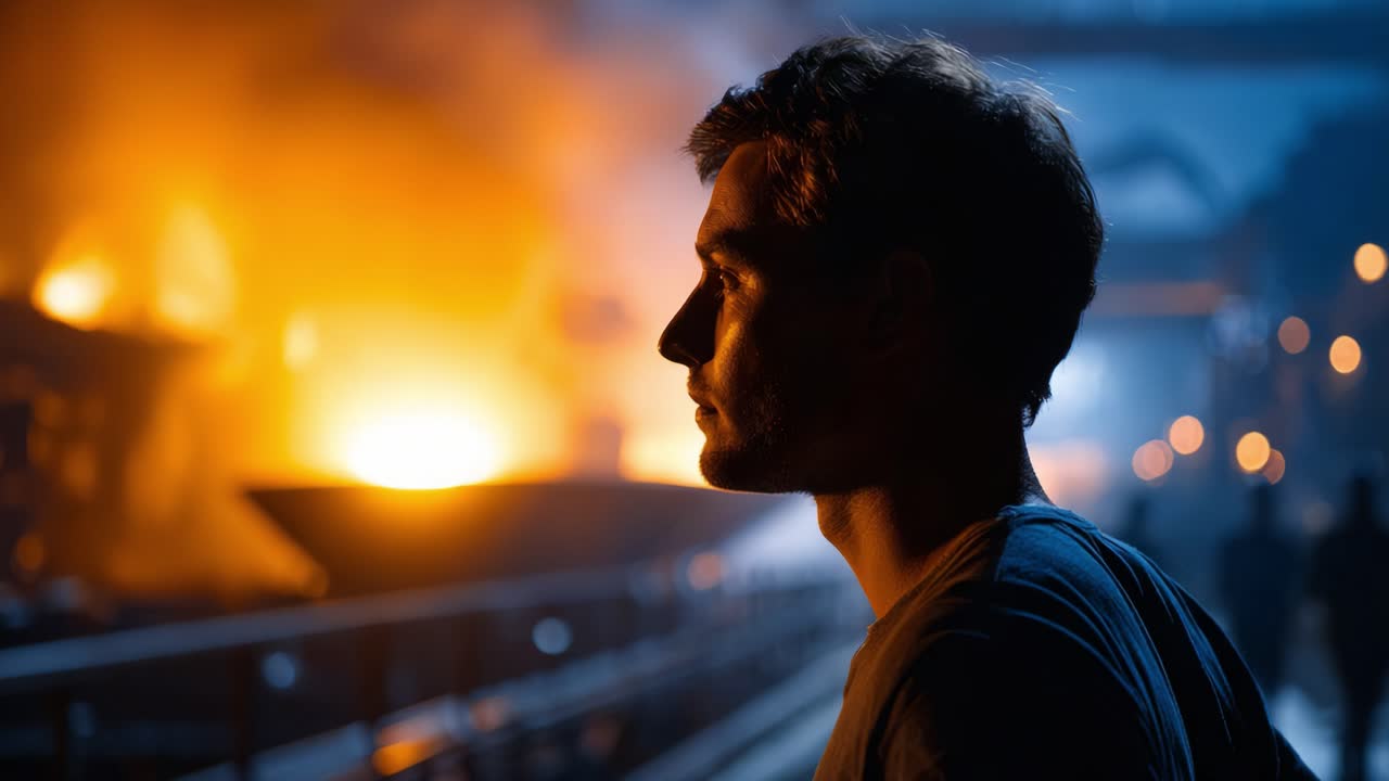 A contemplative figure stands against a backdrop of vibrant flames and industrial ambiance, evoking mystery and introspection in a dimly lit environment
