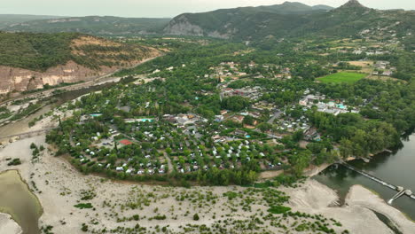 camping sandaya le soleil vivarais, campground in sampzon, france. aerial drone shot