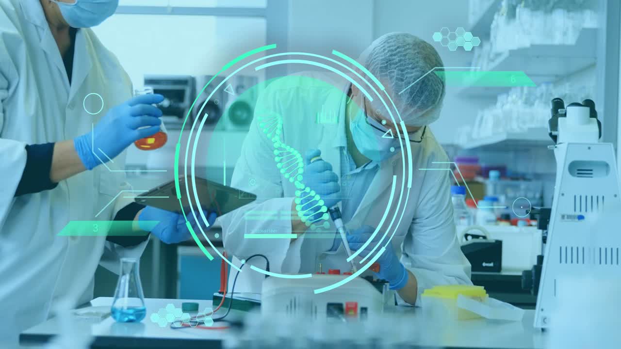Woman giving tablet starting man pipetting tubes prepping samples in lab while HUD animating DNA