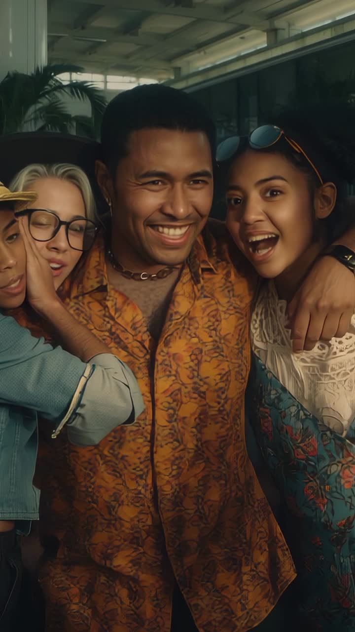 Vertical video: Gathering in lobby three friends wrapping arms sharing secrets with straw hat