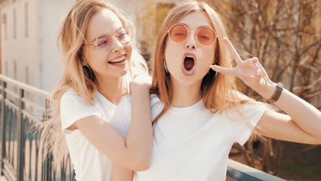 two young women having fun in the city