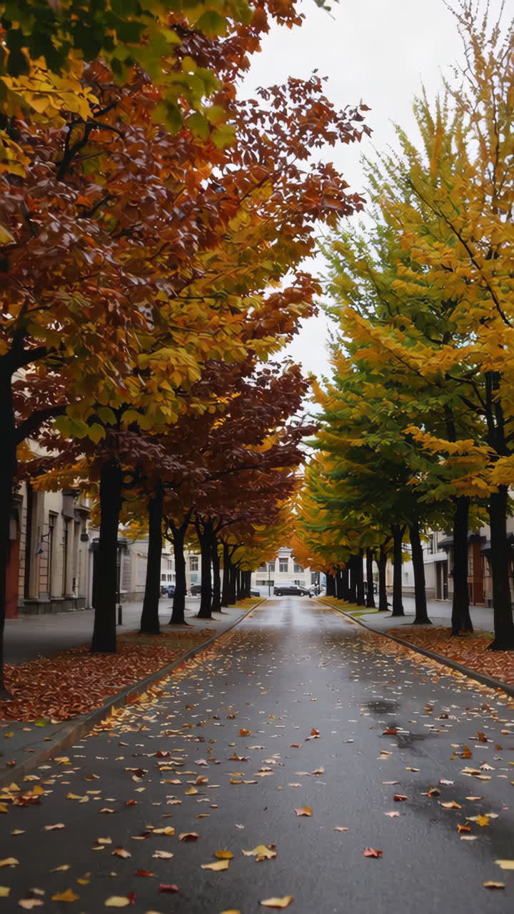 Autumn Street Lined with Colorful Trees and Fallen Leaves