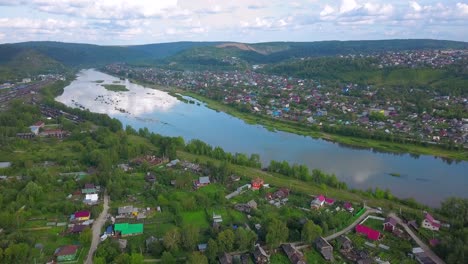 aerial view of a river and town