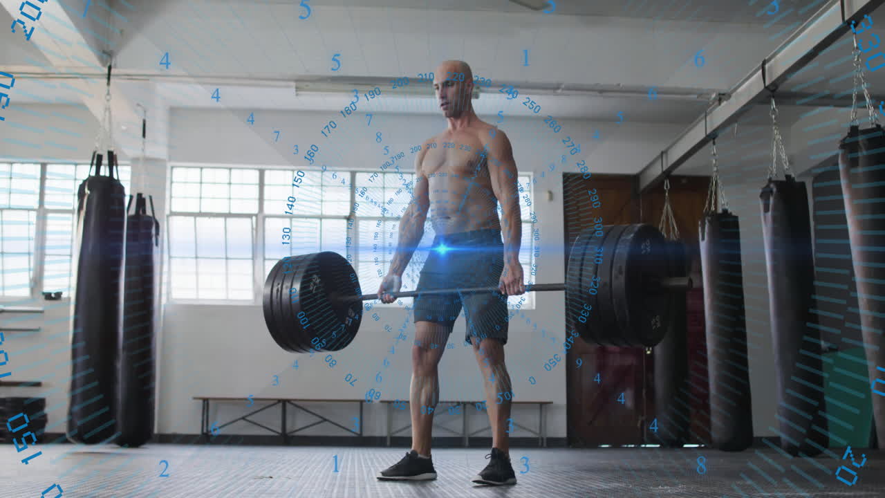 Lifting heavy weights, man with digital animation overlay in gym setting