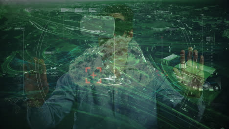 Animation of financial data processing over businessman wearing vr headsets